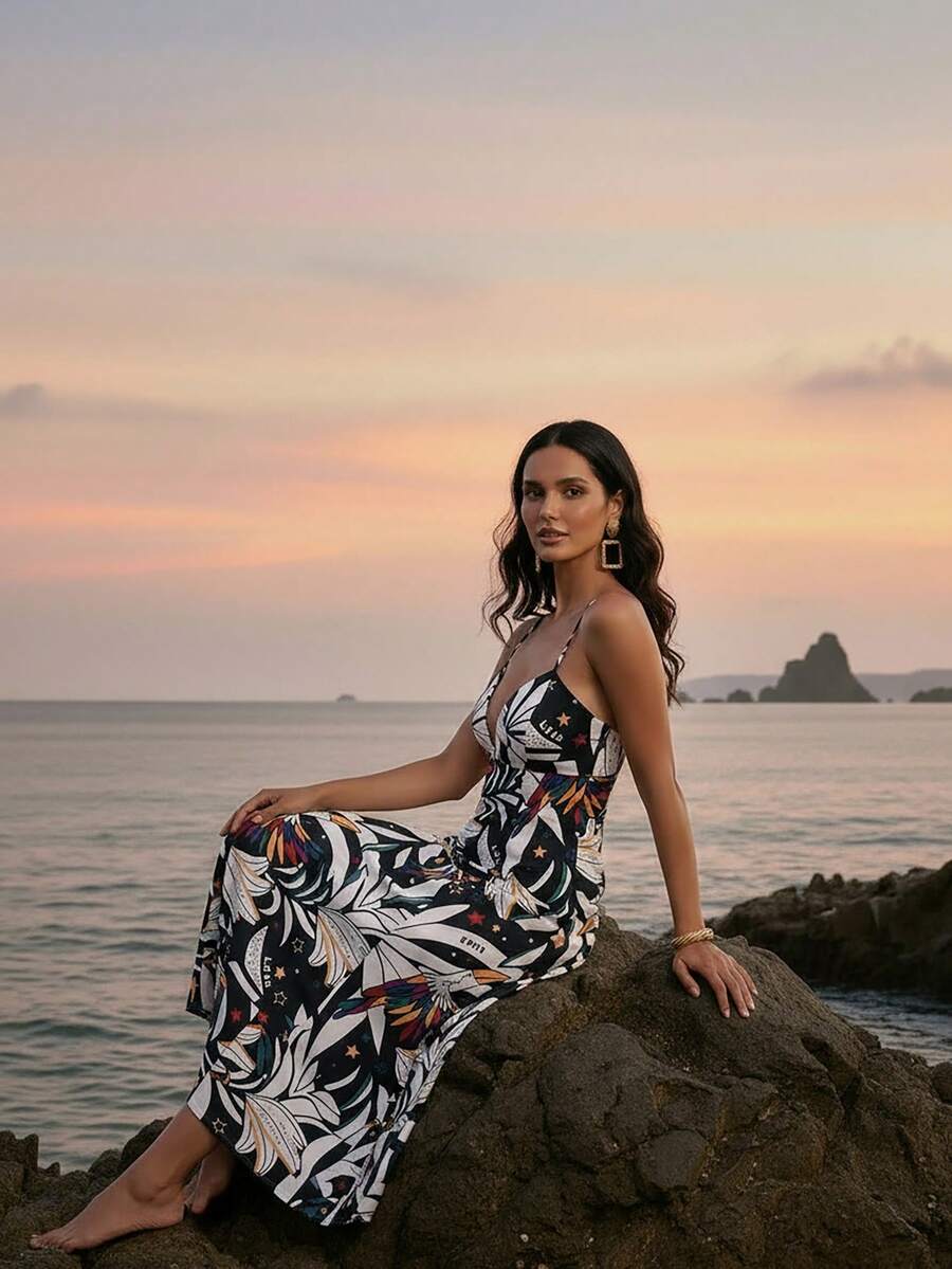 CAJUNI 女士休闲度假吊带无袖露肩露背黑色/白色/彩色鸟类印花V领长裙，适合约会、派对、外出等场合。 - 黑與白 - 查看 1