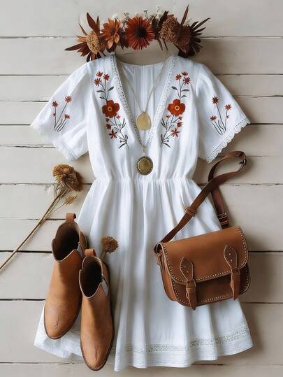 SHEIN Franclia V-Neck Adorned With Delicate Openwork Lace Trim Dress, Airy Short Sleeves & Slimming Waist-Cinching Cut, Exquisite 3D Floral Embroidery, Vacation-Ready Lace-Edged A-Line Short Silhouette – A Softly Elegant Fairy Dress Ideal For Romantic Dates & Leisure Days