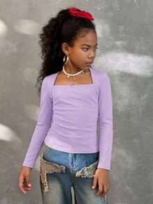 Coolane Áo thun ôm sát thời trang mùa thu cho bé gái, tay raglan, cổ chữ U, eo nhún, co giãn. - Màu tím - Xem 5