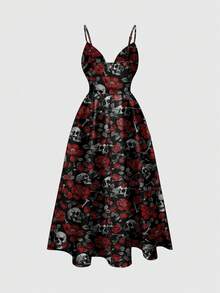 ROMWE Đầm nữ phong cách Rose Punk Gothic, bí ẩn, gợi cảm, lãng mạn, kiểu Mori, in họa tiết toàn thân, dây mảnh, cổ khoét sâu, thích hợp cho ngày Valentine. - màu đen - Xem 2