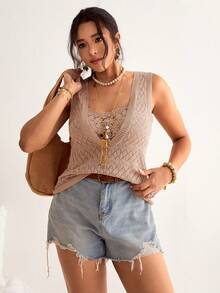 Freevana Plus Size Women Contrast Lace Hollow Out Design Fashionable Knitted Vest Comfortable Knit Top Panel Openwork Casual Outing Vacation Beach Summer Pink - Apricot - View 6