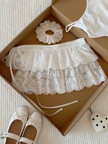 Comfortcana 女士时尚休闲度假风撞色蕾丝荷叶边抽绳腰A字裙 - 白色 - 查看 5