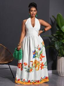 Veslaya 春夏新品度假休闲日常波西米亚风沙滩度假篝火派对假日休闲优雅法式浪漫舒适夏季无袖系带收腰印花长裙，大码女式度假连衣裙夏季长裙女士长裙夏季热带风情长裙度假连衣裙 - 白色 - 查看 10