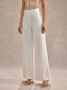 CLARA VERO White Pearl Embellished Wide Leg Pants: Fitted At The Hip And Flared Leg, Ideal For Special Occasions Or Parties, Crafted From Non-Elastic Polyester Fabric With Concealed Side Zip And Elegant Pearl Details Along The Hem - White - View 5