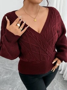 Elenzga 加大码纯色交叉 V 领扭纹针织休闲百搭通勤日常套头毛衣，适合秋冬季 - 巧克力棕 - 查看 7