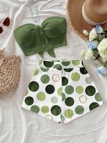 Soleia 休闲复古优雅度假波西米亚风百搭绿色波点印花图案，舒适保暖扭结抹胸上衣和短裤两件套，适合春夏穿着 - 彩色 - 查看 4
