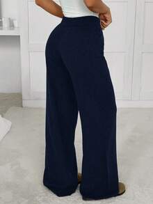 SHEIN EZwear Women's Solid Color Casual Comfortable Breathable Soft Knit Pants - Navy Blue - View 2