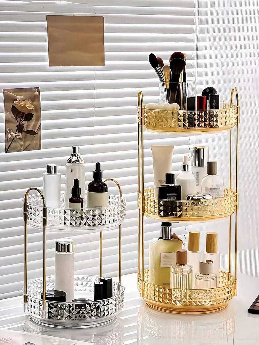 1 PC Large Capacity 360 Degree Rotating Adjustable DIY Plastic Simple Transparent Spinning Organizer Rack Bathroom Vanity Desktop Display Storage Shelf Multi-Scene Home Organization Countertop Decor