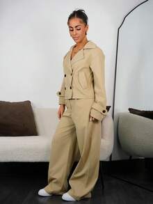 SAYEHFBABY Women Solid Color Lapel Neck Long Sleeve Double-Breasted Jacket And Pants 2 Pieces Casual Set, Autumn - Apricot - View 6