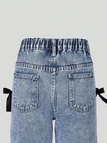 SHEIN ChillGRL Quần jeans ống đứng phong cách Y2K dành cho bé gái, điểm nhấn là nơ bên hông, thời trang và thoải mái, phù hợp cho mọi mùa. - Màu xanh ngọc - Xem 4