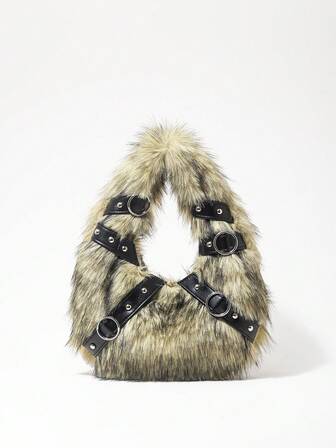 Grunge Punk Bolsos de mano para damas/mujeres, de peluche, bolso de peluche, bolsos de motociclista con remaches punk, regalos para mujeres, cadena de metal, de moda, con personalidad, versátil, para compras, calle, dulce y fresco para chicas, chicas calientes, Y2K, diario, otoño e invierno (patrón aleatorio)