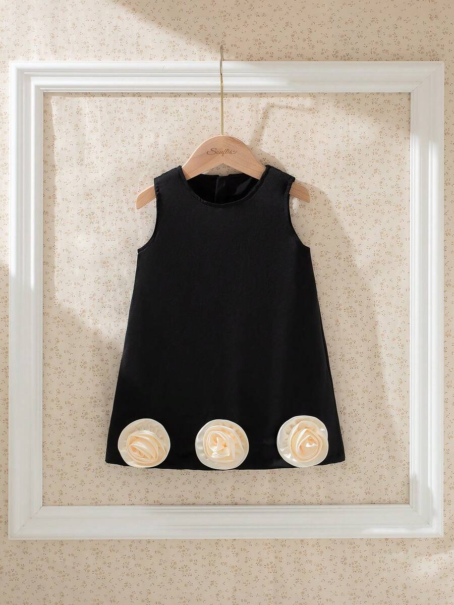 Souflis Souflis 法国新款女婴可爱优雅高端缎面3D蕾丝花朵蝴蝶结露背可拆卸连衣裙，公主风派对礼服，夏季 - 黑色 - 查看 1