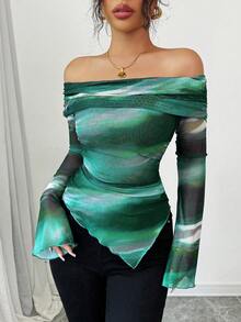 Elenzga Camiseta sencilla de manga larga y hombros descubiertos para mujer, casual para uso diario, camisetas gráficas para mujer, tops para atuendos de primavera