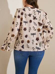 SHEIN LUNE Plus-Size Beige Summer Elegant Formal Wedding Guest Chiffon Floral Print Ruffled Collar Blouse - Multicolor - View 3