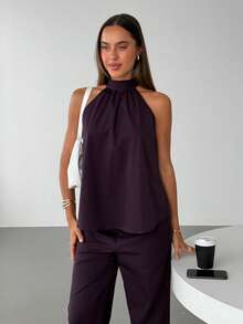 Aloruh 紫色编织露背无袖上衣+直筒裤套装 - 紫色 - 查看 4