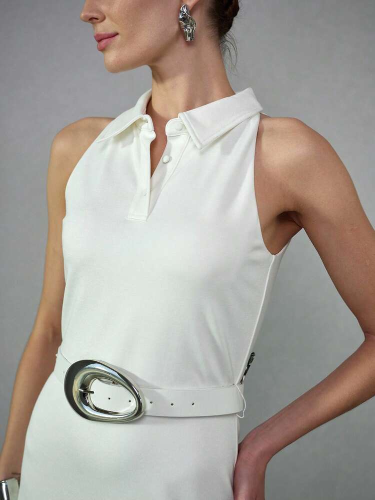 WOMEN'S PLEATED HEM POLO COLLAR SLEEVELESS BELTED LONG DRESS, SPRING/SUMMER
