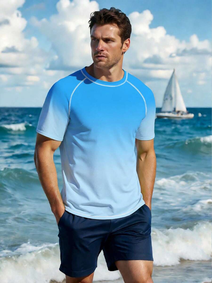 CoralVoy Men's Ombre Color Beach Vacation Rash Guard - Blue - View 1