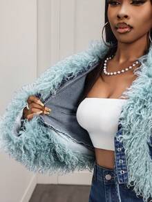 Slaydiva 女士时尚街头风拼接人造毛皮纽扣牛仔毛皮外套 - 藍色 - 查看 8