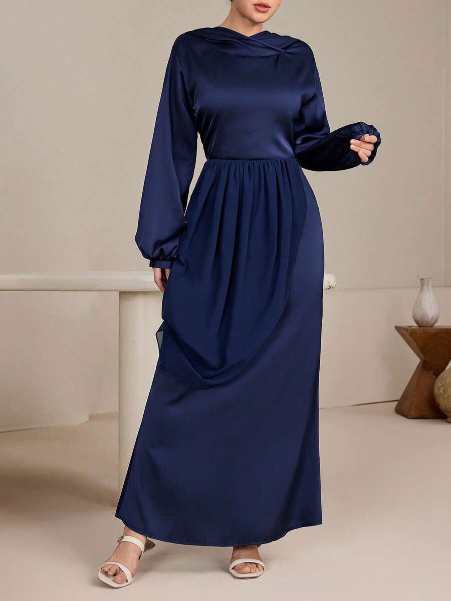 Graceveil 2pcs Women Hooded Top & Asymmetrical Hem Chiffon Pants Set - Navy Blue - View 1