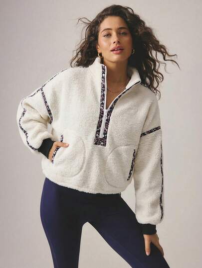 Aralina Leisurewear Fall / Winter Half Zip Floral Printed Fluffy Fleece Jacket With Internal Drawcord Gym Workout Comfy Airport Outfit