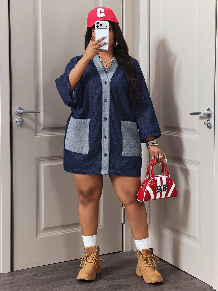 Slaydiva Plus Size Women's Non-Stretch Denim Jacket, Retro Color Block Washed Denim Jacket For Women, Loose Casual Plus Size Denim Jacket - Dark Wash - View 1