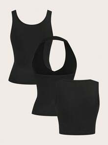 SHEIN EZwear 多色针织女式百搭背心，多件装 - 黑色 - 查看 3