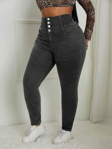 Slaydiva Plus Size Casual Washed High Waist Slim Fit Jeans - Dark Grey - View 4