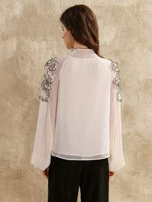Florisole Women's Woven Chiffon Top With High Neck, Raglan Sleeves, Long Sleeves, And Gathered Lace Trim. Suitable For Everyday Casual Wear Holiday Outfits For Women - Apricot - View 4