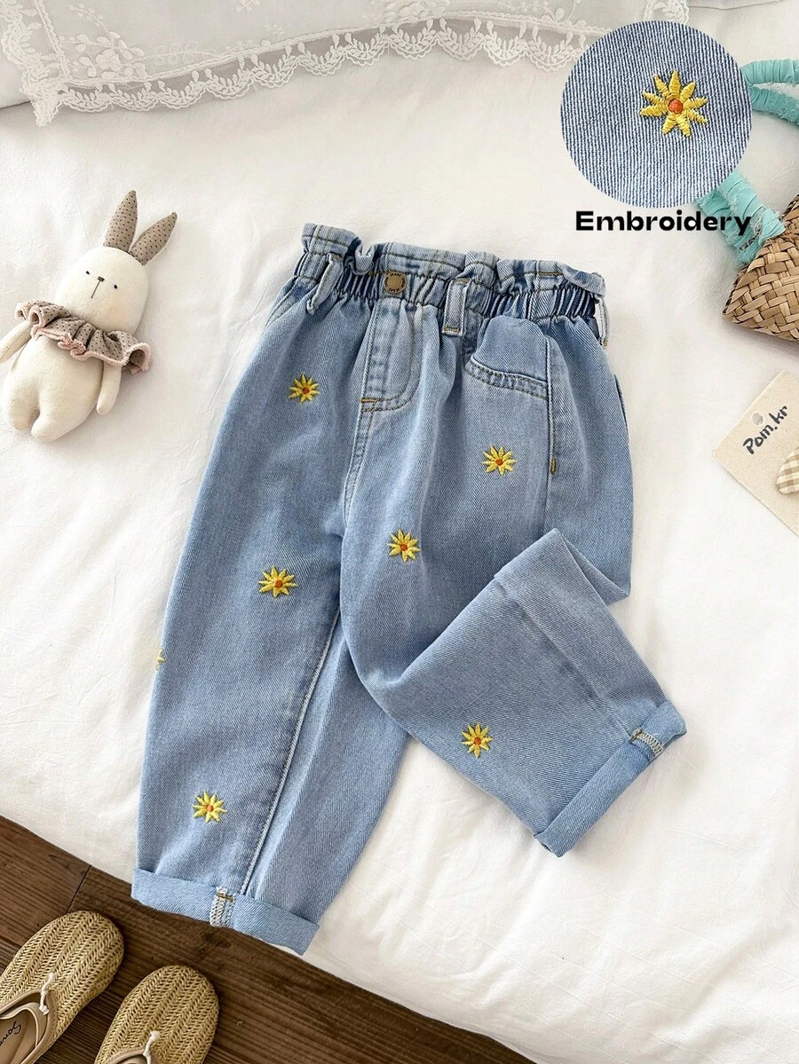 LMoss Kids 女婴黄色雏菊刺绣蓝色牛仔胡萝卜裤 - 淺色水洗藍 - 查看 1