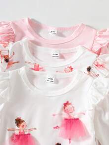 SHEIN 3件套女婴简约百搭甜美可爱柔软弹力纯色及条纹荷叶边长袖上衣，适合秋冬季节、休闲穿着、居家、度假。 - 粉色 - 查看 10