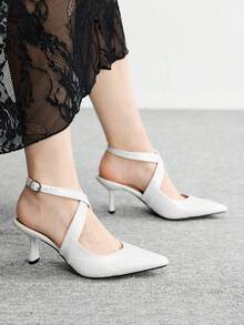 CUCCOO BIZCHIC Elegant Commuting Solid Color Criss-Cross Pointed Toe High Heel Sandals Valentine's Day - White - View 3