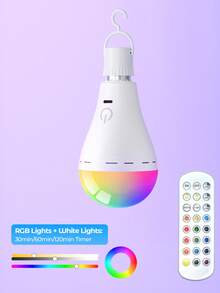 Teckwe RGB Rechargeable Light Bulb With Remote, 3 Color + RGB USB Rechargeable Bulb,  Dimmable Emergency Battery Light Bulb With Timer And Touch For Home, Party, Camping