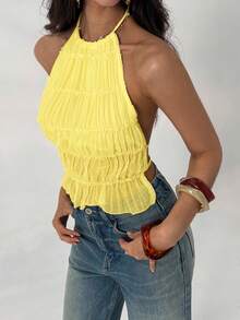 Aloruh Women's Solid Color Halter Neck Spaghetti Strap Ruffle Hem Camisole - Yellow - View 5