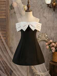 SHEIN Cute & Elegant Black & Beige Bow Decor Baby Girl Dress - Purple - View 8