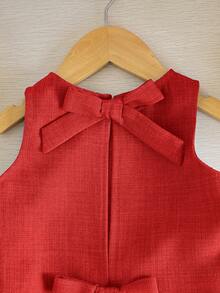 2pcs/Set Baby Girls' Casual Solid Color Round Neck Top With 3D Bow Decor On Back And Shorts Set, Blue - Red - View 5