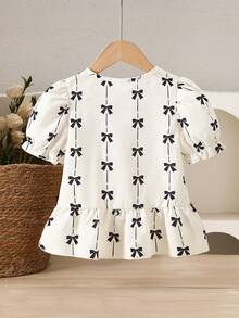 SHEIN Elladie kids 4-7岁女童春夏荷叶边领泡泡袖衬衫，弹力双层纱布面料，蝴蝶印花，蝴蝶结装饰，适合日常穿着、外出、休闲活动 - 白色 - 查看 2