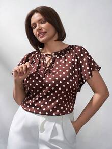 Chikora Áo kiểu nữ cỡ lớn in chấm bi, thắt nơ phía trước, thích hợp cho mùa xuân hè, kiểu dáng thanh lịch cho phái nữ, áo kiểu mùa hè, áo kiểu đi nghỉ mát, áo chấm bi phong cách cổ điển, phù hợp cho nhiều dịp như Halloween, lễ hội, Giáng sinh, công sở. - Cà phê nâu - Xem 5