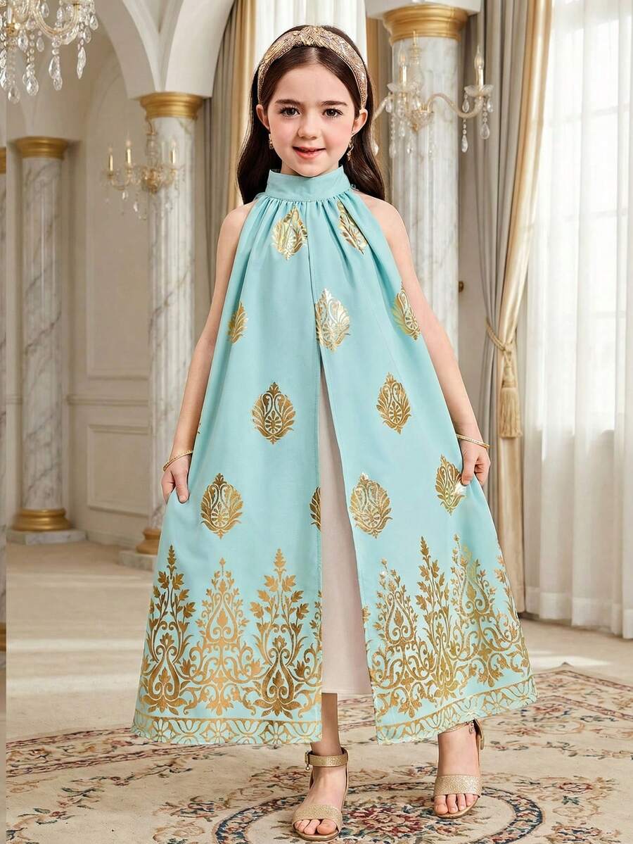 SHEIN 少女金色箔花卉印花立領A字長洋裝,優雅淺青色阿拉伯風婚禮度假洋裝,秋季少女Jalabiya Kaftan - 綠色 - 查看 1