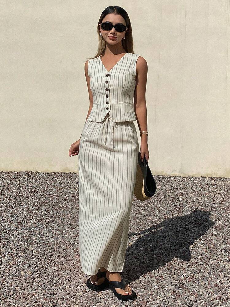 Women's Vacation Casual Striped Vest And Pants 2 Pieces Set