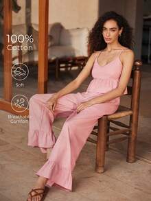 Lullawish 波西米亚风度假性感吊带荷叶边上衣和宽松直筒荷叶边长裤粉色春夏女士睡衣套装 - 粉色 - 查看 3