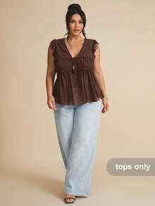SHEIN BAE 1 chiếc áo nữ cỡ lớn không tay bằng vải lanh, kiểu dáng thường ngày, có cúc trang trí, thích hợp cho bữa ăn trưa, đi chơi, hẹn hò, đi làm, đi du thuyền. - Cà phê nâu - Xem 2