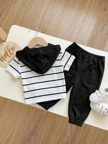 2pcs Baby/Toddler Striped Hoodie Sleeveless Top And Jogger Pants Set, Casual Outfit For Spring/Autumn - Black - View 2
