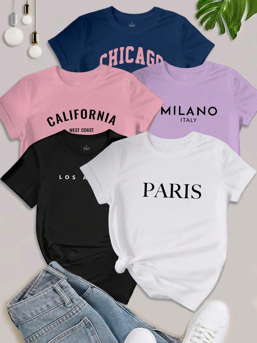INAWLY 5PCS Women's Slogan Letter Printed T-Shirt Short Sleeved Casual Top Graphic Tees Women Tops - Multicolor - View 1