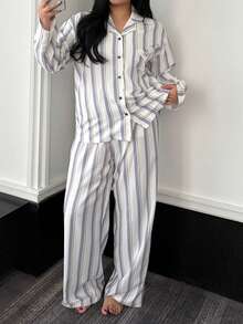 Dazy Plus 2pcs Plus Size Women Striped Pajama Set, Loose Long Sleeve Top With Pocket And Straight Leg Pants, Comfortable Sleepwear For Spring And Autumn - Purple - View 8