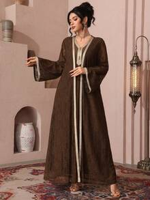 Al Najma Elegant Lace Trim Cardigan & Sleeveless Dress, Turkish & Arabic Traditional Long Robe For Women - Coffee Brown - View 5