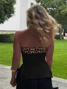 Jeta Ari Y2K Gyaru Subculture Women Leopard Print Cropped Tube Top With Slit Hem - Black - View 2