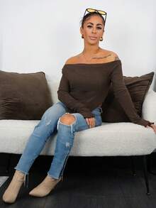 SAYEHFBABY Top de punto acanalado con cuello asimétrico con efecto desaliñado, para salir en otoño para mujeres - Marrón - Ver 4