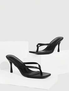 CUCCOO SZL Sandalias de mujer de tacón fino y punta cuadrada minimalista de unicolor - Negro - Ver 2