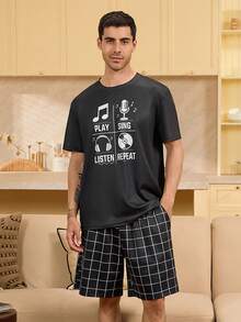 Velminro بيجامة رجالية مطبوعة بألوان متباينة، ملابس علوية بأكمام قصيرة وشورت