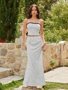 Vivid Eden Women's Summer Boho Holiday Tea Party White With Black Polka Dots 2-Piece Set,Elegant Lace Camisole & Fish Tail Hem Skirt Vintage Beach Vacation Style - Black and White - View 4